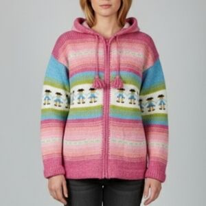Women's Pink Wool Cotton Blend Zipper Cardigan Made In Ecuador Fits M-L Aztec